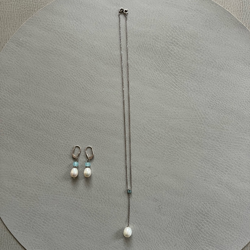 Necklace & Earrings set - Costume jewelry silver, aquamarine stones & pearls